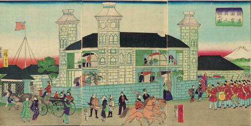 Utagawa Hiroshige III - Yokohama kaigan ijinkan no zu (Foreigners\' houses on the Yokohama waterfront)