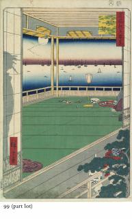 Utagawa Hiroshige - Four designs from the series Meisho Edo hyakkei [One Hundred Views of Edo], signed Hiroshige ga, published by Uoya Eikichi: