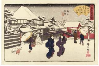 Utagawa Hiroshige - Kameido Uramon, Tamaya (Back gate of Kameido Shrine, Tamaya Restaurant), from the series Edo komei kaitei zukushi (Collection of famous Edo restaurants)