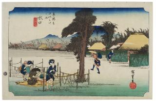 Utagawa Hiroshige - Minakuchi, meibutsu kanpyo (Minakuchi, the famous dried gourd)