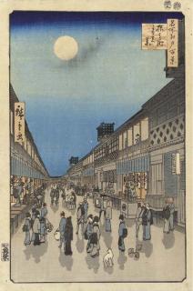 Utagawa Hiroshige - Saruwakacho yoru no kei (Night view, Saruwaka Street) from the series Meisho Edo hyakkei (One hundred views of famous places of Edo)
