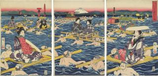 Utagawa Hiroshige - Travellers are Carried across the Oi River
