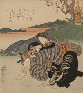 Utagawa Kunimaru - From the surimono series Suru ichi [First of a Set of Companions] commissioned by the Taikogawa poetry club, an Oharame wood cutter and a child resting beside an ox, the poem reads