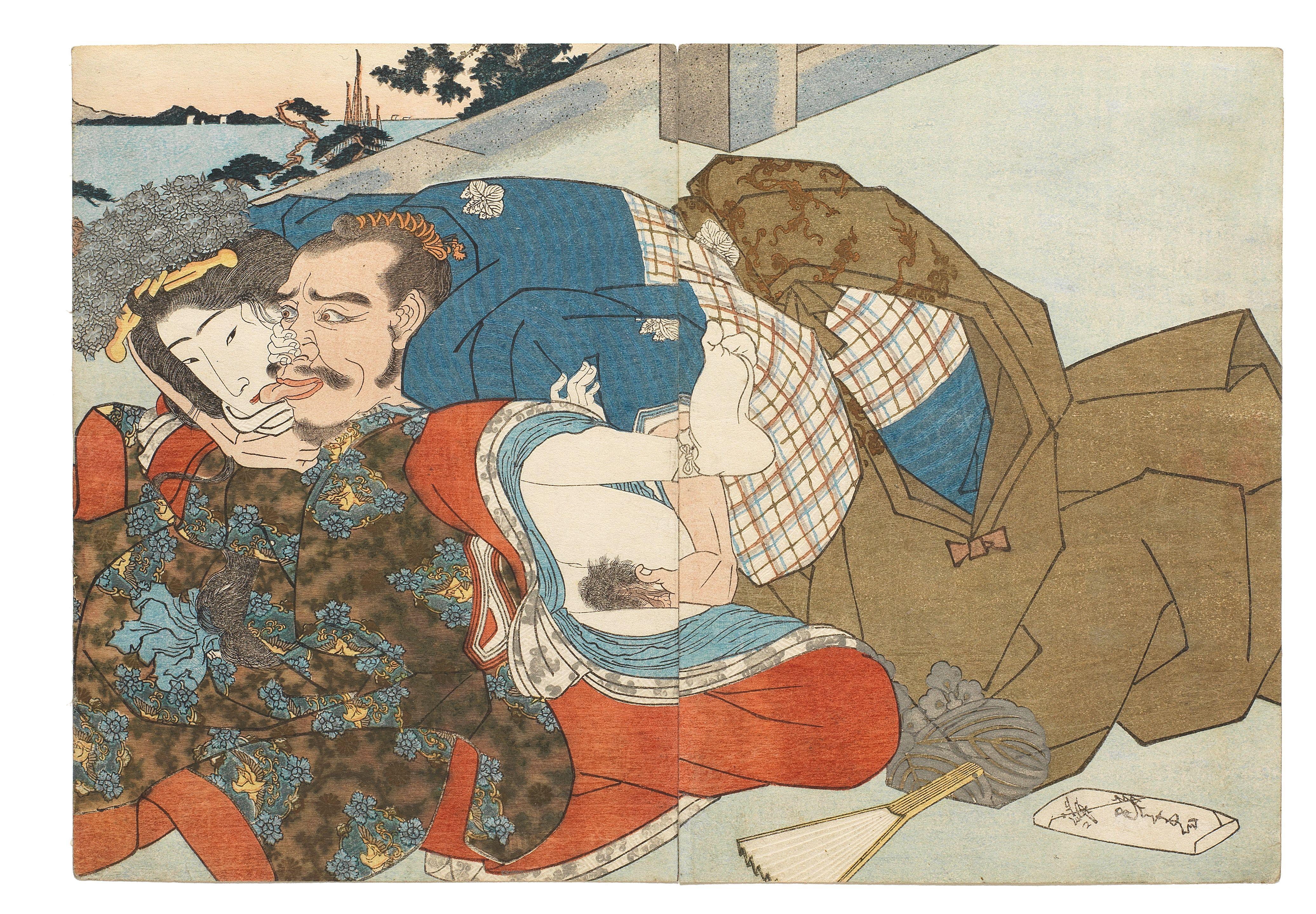 Utagawa Kunisada - A middle-aged samurai making love to a young princess