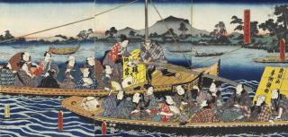Utagawa Kunisada - A triptych depicting two boat loads of kabuki actors along with some feminine company, enjoying an outing on the Sumida River, signed Oju [by request] Toyokuni ga