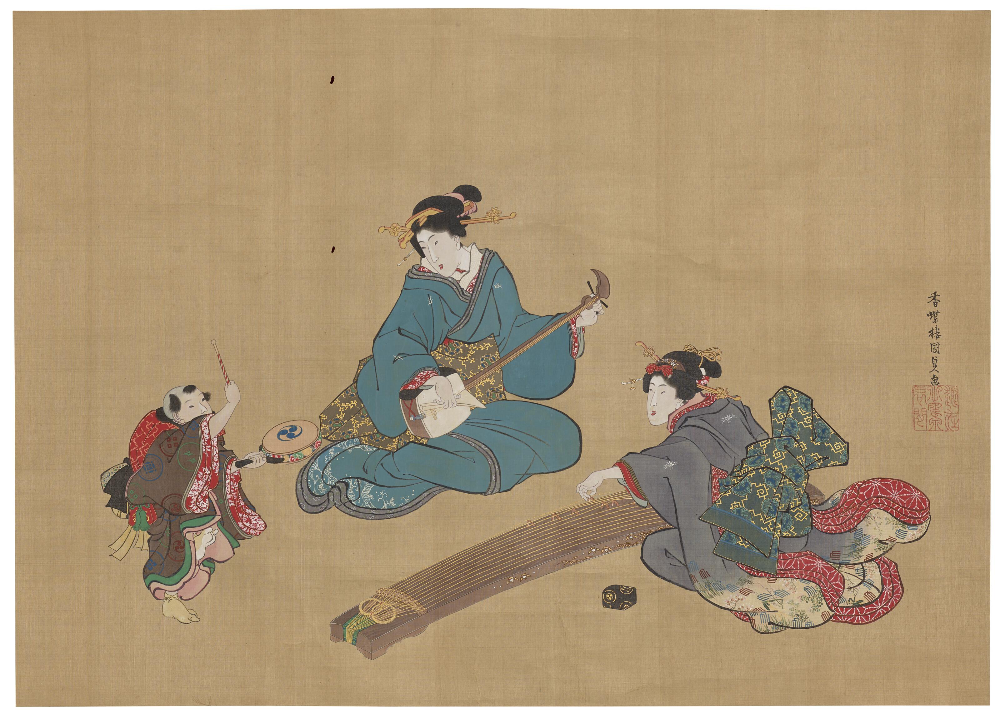 Utagawa Kunisada - Beauties and a child playing musical instruments