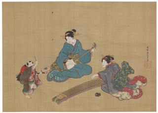 Utagawa Kunisada - Beauties and a child playing musical instruments