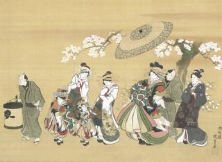 Utagawa Kunisada - Courtesan on parade in the Yoshiwara with her attendants beneath cherry blossoms