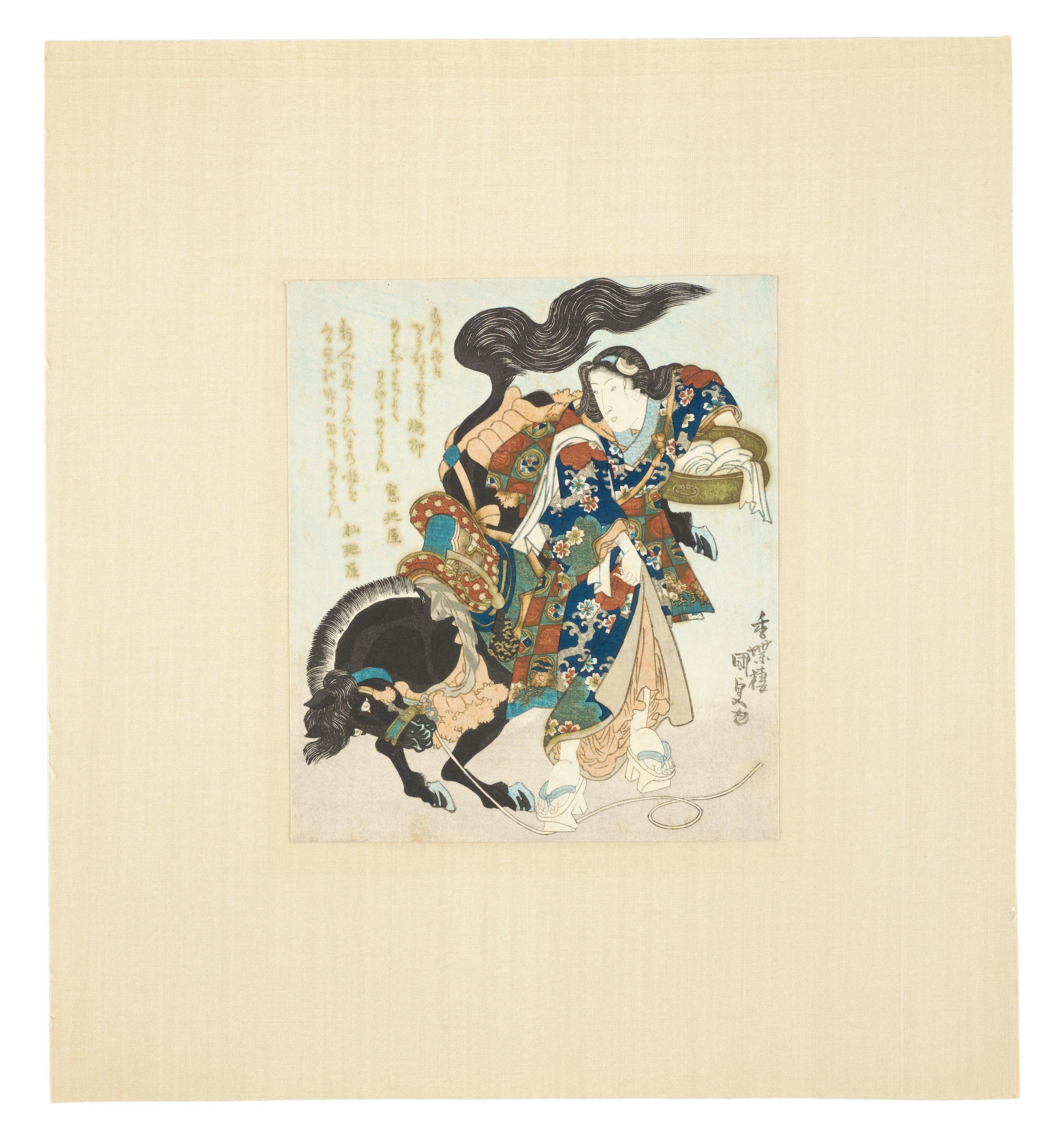 Utagawa Kunisada - Okane, the strong woman of Omi, stopping a runaway horse