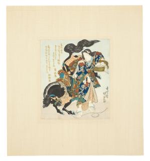 Utagawa Kunisada - Okane, the strong woman of Omi, stopping a runaway horse