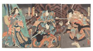 Utagawa Kunisada - Princess Wakana, Genkainada Uemon, Washizu Rokuro, Washizu Shichiro, and a giant spider from the kabuki play Shiranui Monogatari (The Tale of Shiranui)
