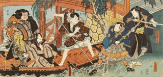 Utagawa Kunisada - Two triptychs depicting actors in various roles, the first signed Toyokuni ga, the second Ichiyusai Toyokuni ga, good impressions, slight fading to the second, both with top corners lightly fixed to card