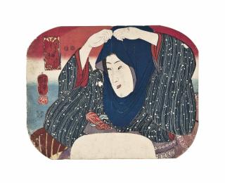 Utagawa Kuniyoshi - A fan print depicting a girl pulling up her head-dress in the snow, from the series Imayo nana fujin furoku, signed Ichiyusai Kuniyoshi ga, paulownia seal, published by Ibaya Kyubei