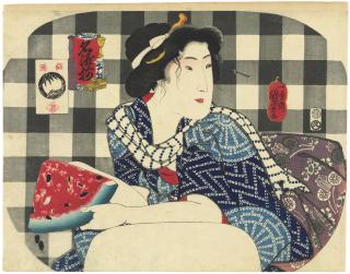 Utagawa Kuniyoshi - A woman holding a slice of watermelon