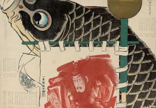 Utagawa Kuniyoshi - Banners for the Boys\' Festival, signed Ichiyusai Kuniyoshi and sealed Kuniyoshi, very good impression and colour, light staining, wormage, slight wear to edges, two vertical folds, trimmed top margin