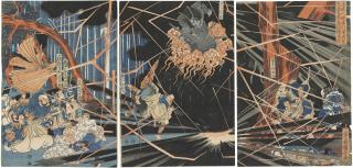 Utagawa Kuniyoshi - During the Visit of Kiyomori to the Nunobiki Waterfall, the Ghost of Akugenta Yoshihira Strikes Down Nanba Jiro (Kiyomori nyudo Nunobiki no taki yuran Akugenta Yoshihira no rei Nanba Jiro o utsu)