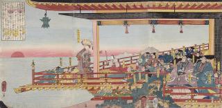 Utagawa Kuniyoshi - Kiyomori arresting the sunset, signed Ichiyusai Kuniyoshi ga, good impression and colour, slight staining and rubbing to edges