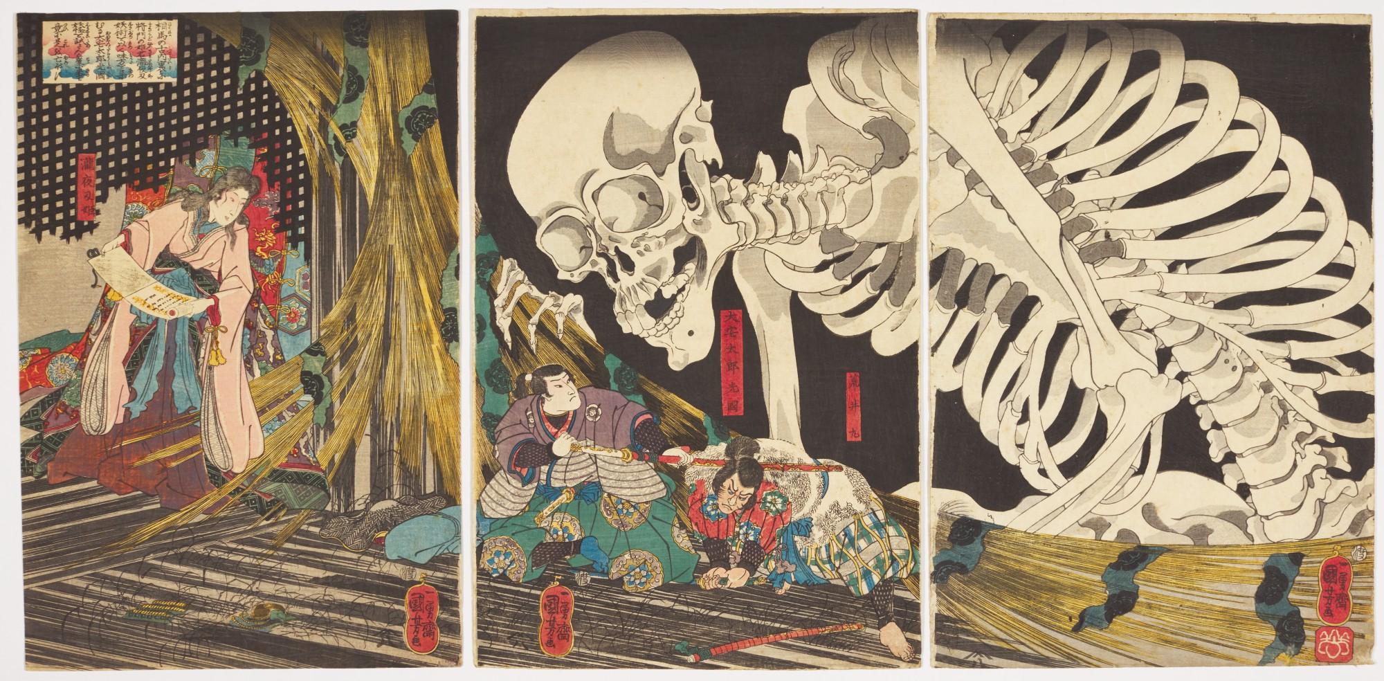 Utagawa Kuniyoshi - Mitsukuni Defying The Skeleton Spectre Conjured Up By Princess Takiyasha (Souma No Furudairi Yokai Ga Shadokuro To Tatakau Oya Notarou Mitsukuni)