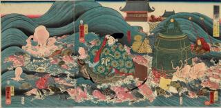 Utagawa Kuniyoshi - Ryugujo, Tawara no Tota Hidesato ni sanshu no miyage okuru (The Dragon Palace: Tawara no Tota Hidesato is given three gifts)