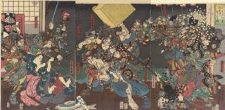 Utagawa Kuniyoshi - Sato Tadanobu yusen Yoshitoki ga sei o utsuru no zu (Picture of Sato Tadanobu bravely confronting Yoshitoki)