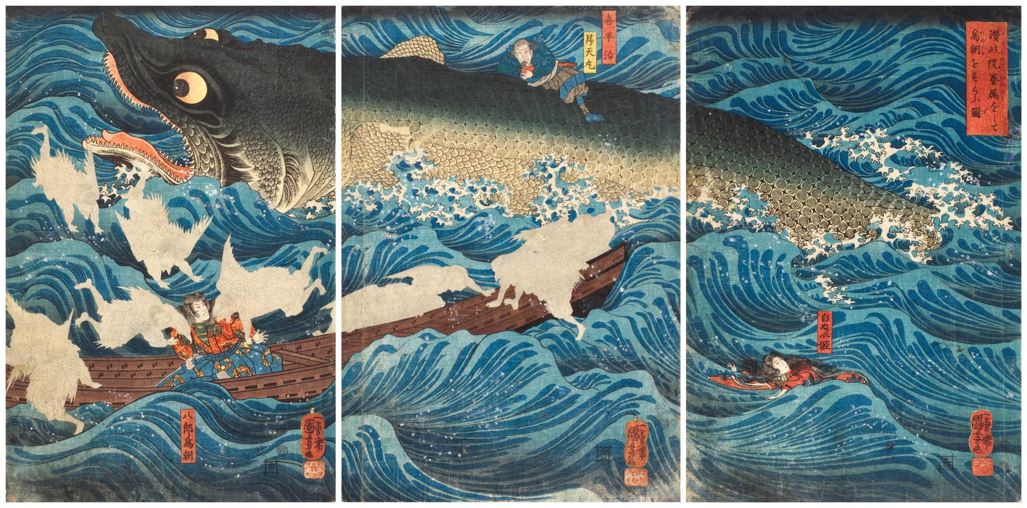 Utagawa Kuniyoshi - The Former Emperor [Sutoku] from Sanuki Sends His Retainers to Rescue Tametomo (Sanuki no in kenzoku o shite Tametomo o sukuu zu)
