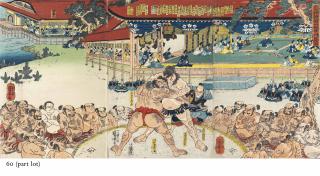 Utagawa Kuniyoshi - Two triptychs, both depicting heroic wrestling matches