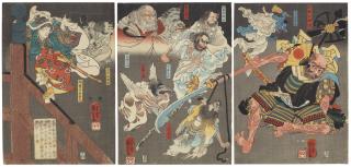 Utagawa Kuniyoshi - Ushiwakamaru fights Benkei on Gojo Bridge with the help of the Tengu