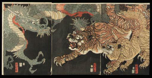 Utagawa Sadahide - Dragon and tigers