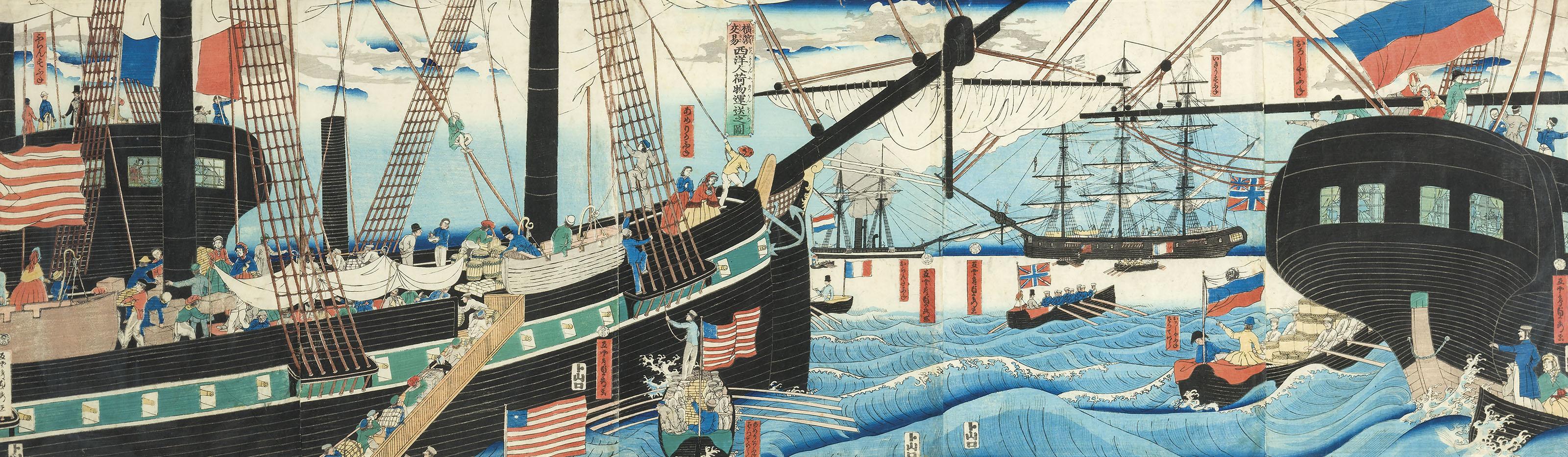 Utagawa Sadahide - Western traders at Yokohama transporting merchandise (Yokohama Koeki seiyojin nomotsu unso no zu)