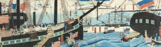 Utagawa Sadahide - Western traders at Yokohama transporting merchandise (Yokohama Koeki seiyojin nomotsu unso no zu)