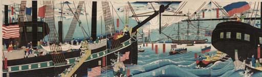 Utagawa Sadahide - Yokohama koeki seiyojin kamotsu unso no zu (A view of Western traders transporting merchandise at Yokohama)