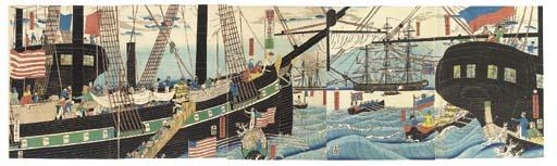 Utagawa Sadahide - Yokohama koeki seiyojin nimotsu unso no zu [A picture of Western traders transporting merchandise at Yokohama]