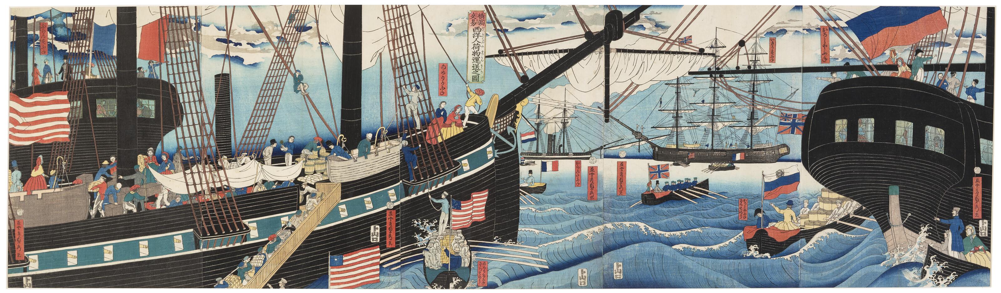 Utagawa Sadahide - Yokohama Koeki Seiyojin Nimotsu Unso No Zu (Western Traders Transporting Merchandise At Yokohama)