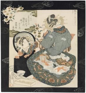 Utagawa Sadakage - A courtesan styling her hair in front of a mirror