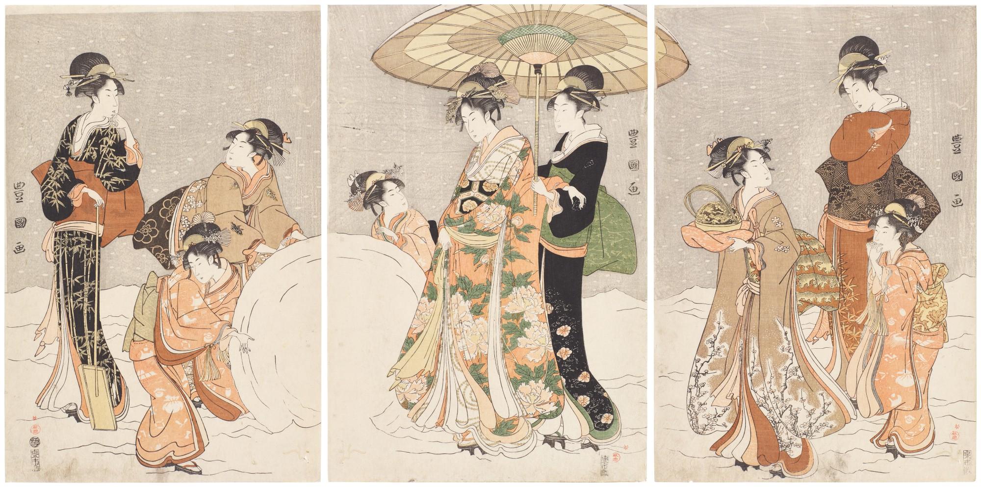 Utagawa Toyokuni - A noblewoman and attendants making a giant snowball