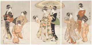Utagawa Toyokuni - A noblewoman and attendants making a giant snowball