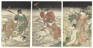 Utagawa Toyokuni - Furyu Namerikawa Aoto Saemon Fujitsuna (Fashionable Aoto Saemon Fujitsuna at the Nameri River), recounted by contemporary beauties with torches