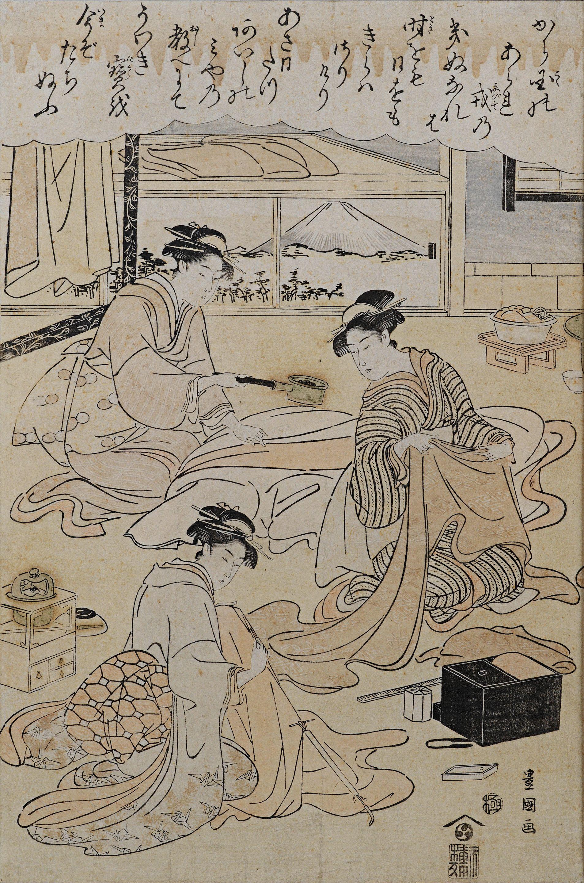 Utagawa Toyokuni - three beauties ironing and sewing kimono