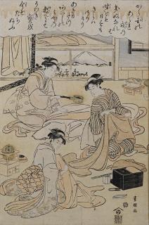 Utagawa Toyokuni - three beauties ironing and sewing kimono