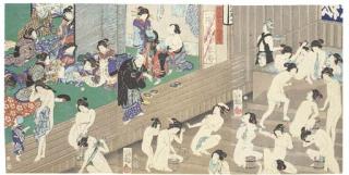 Utagawa Yoshiiku - A triptych depicting a lively scene in a bath-house, from the series Imayo Nenju gyoji [Fashionable customs of the present day]