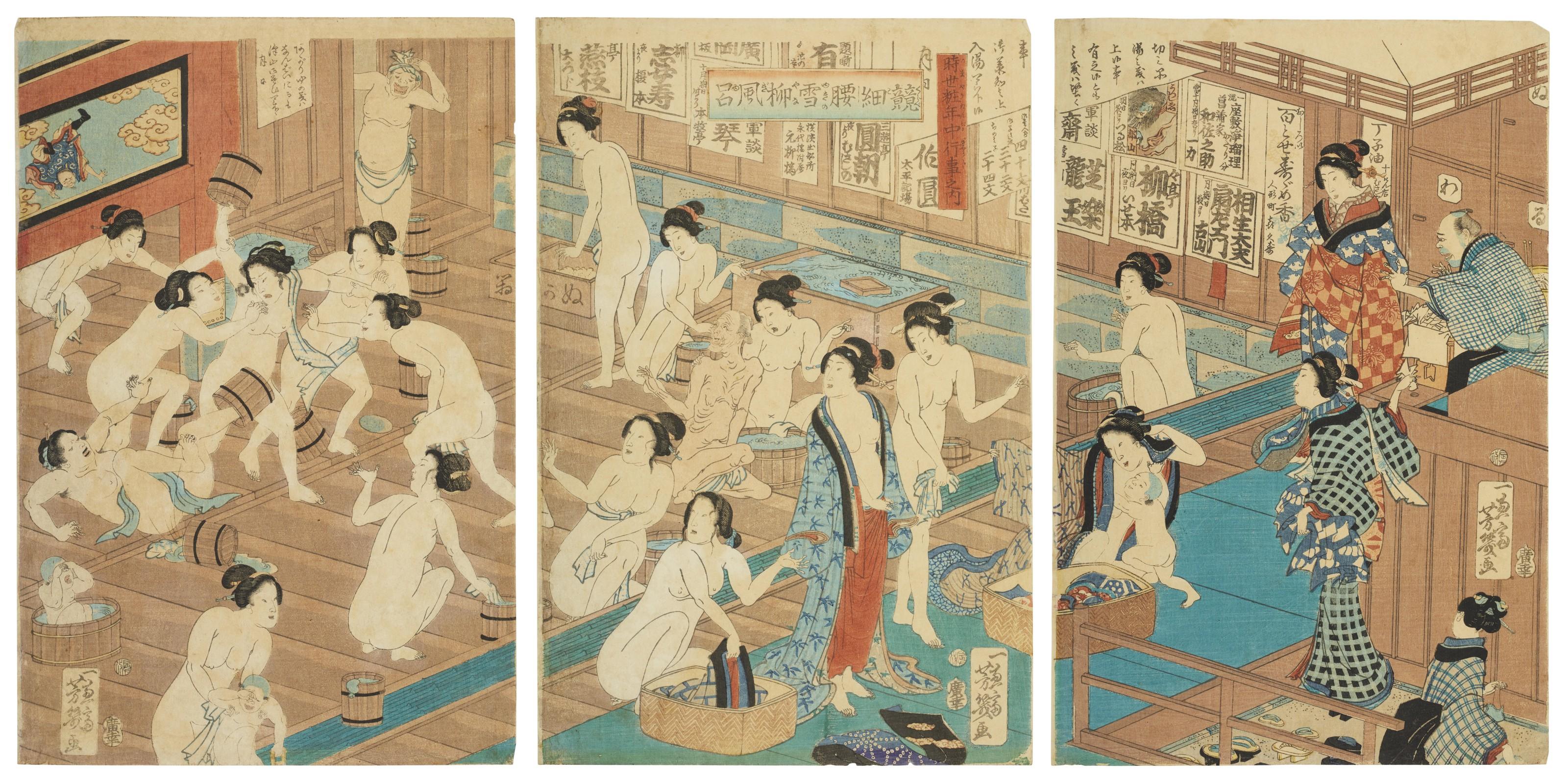 Utagawa Yoshiiku - Slender Hips Like WIllows in Snow at the Yanagiya Bathhouse (Kurabe koshi yuki no Yanagiya)