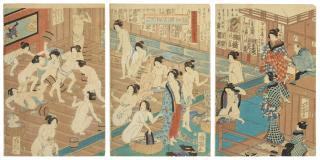 Utagawa Yoshiiku - Slender Hips Like WIllows in Snow at the Yanagiya Bathhouse (Kurabe koshi yuki no Yanagiya)