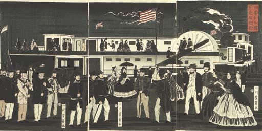 Utagawa Yoshikazu - Amerikakoku jokisha orai (The transit of an American steam locomotive), 1861