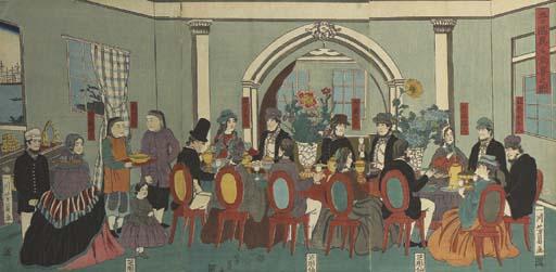 Utagawa Yoshikazu - Gokakoku ijin shuen no zu (Picture of a banquet with foreigners from five countries), 1861