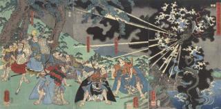 Utagawa Yoshikazu - Minamoto no Mitsunaka Sumiyoshi sanro mojigen (Apparition of the thunder god at Sumiyoshi Shrine before Minamoto no Mitsunaka)
