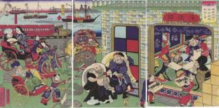 Utagawa Yoshitora - Shichifukujin (Seven gods of good fortune [at the Koguro paper company, Yokohama]): Picture of the view of the railroad along the seashore from the paper company