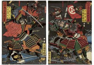 Utagawa Yoshitsuya - Two warrior prints from the series One-To-One Combats at the Great Battle of Kawanakajima
