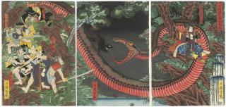 Utagawa Yoshitsuya - Yorimitsu Tries to Capture Hakamadare by Destroying His Magic (Kijutsu o yabutte Yorimitsu Hakamadare o karamen to su)