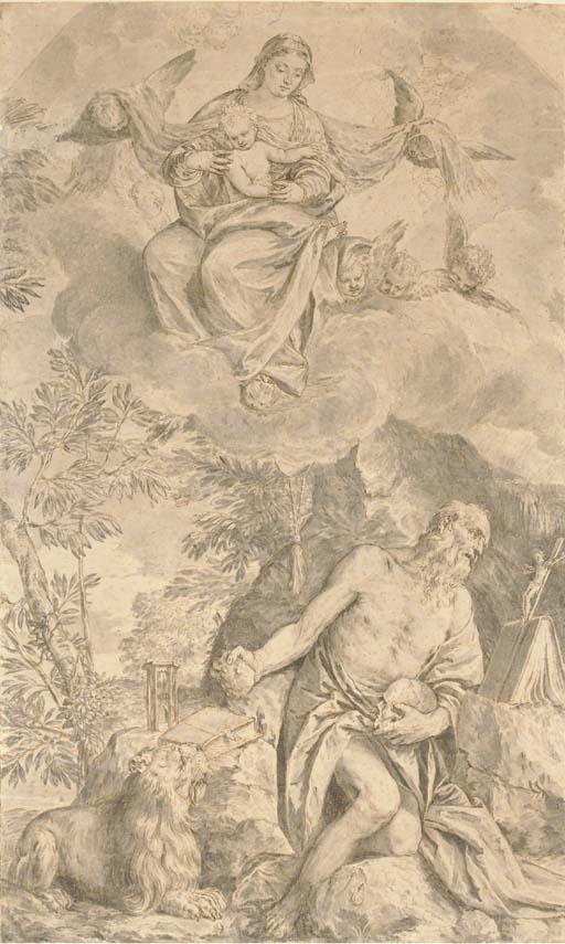 Valentin Lefebvre - La Vierge à l\'Enfant sur un nuage apparaissant à Saint Jérôme en pénitence