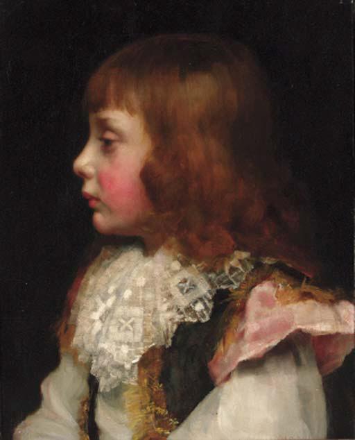 Valentine Cameron Prinsep - Portrait of a boy, quarter-length, in a brown waistcoat and white lace collar